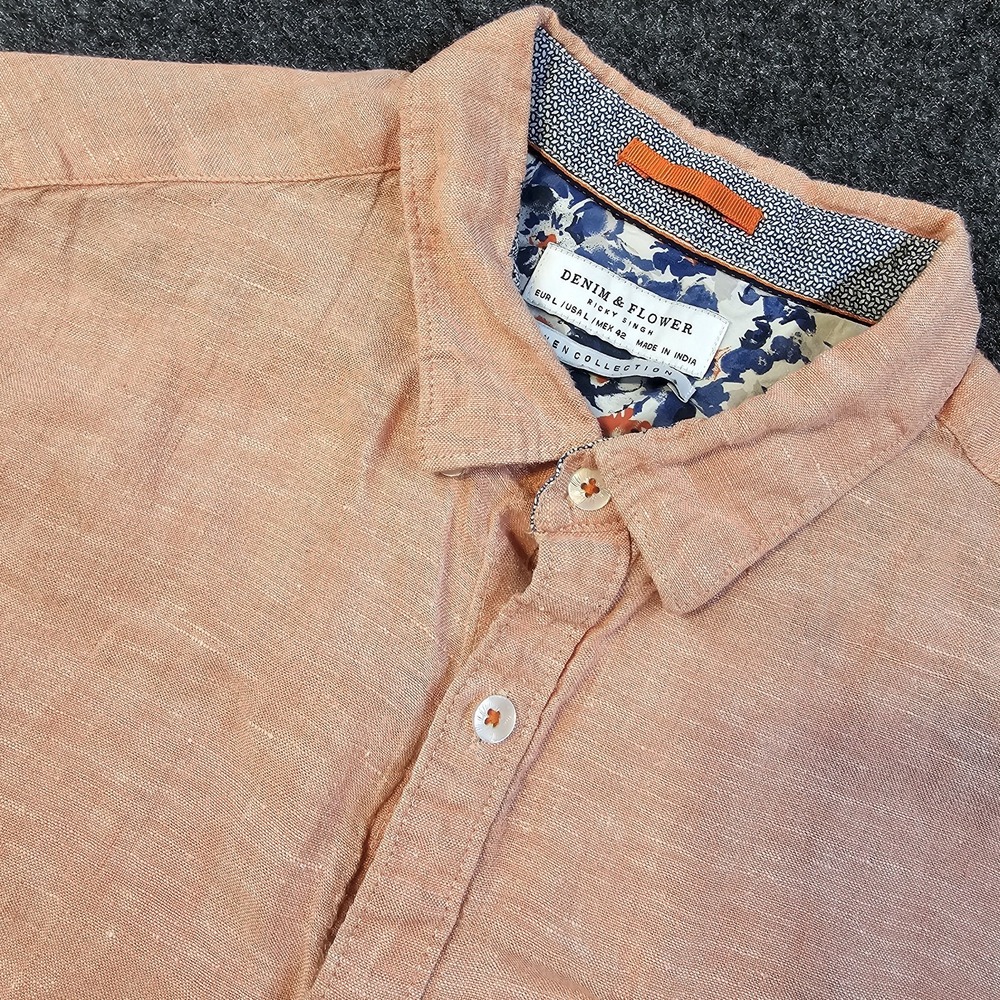 Denim & Flower Ricky Singh‎ Linen Shirt Mens L Salmon Pink Button Up Floral Cuff